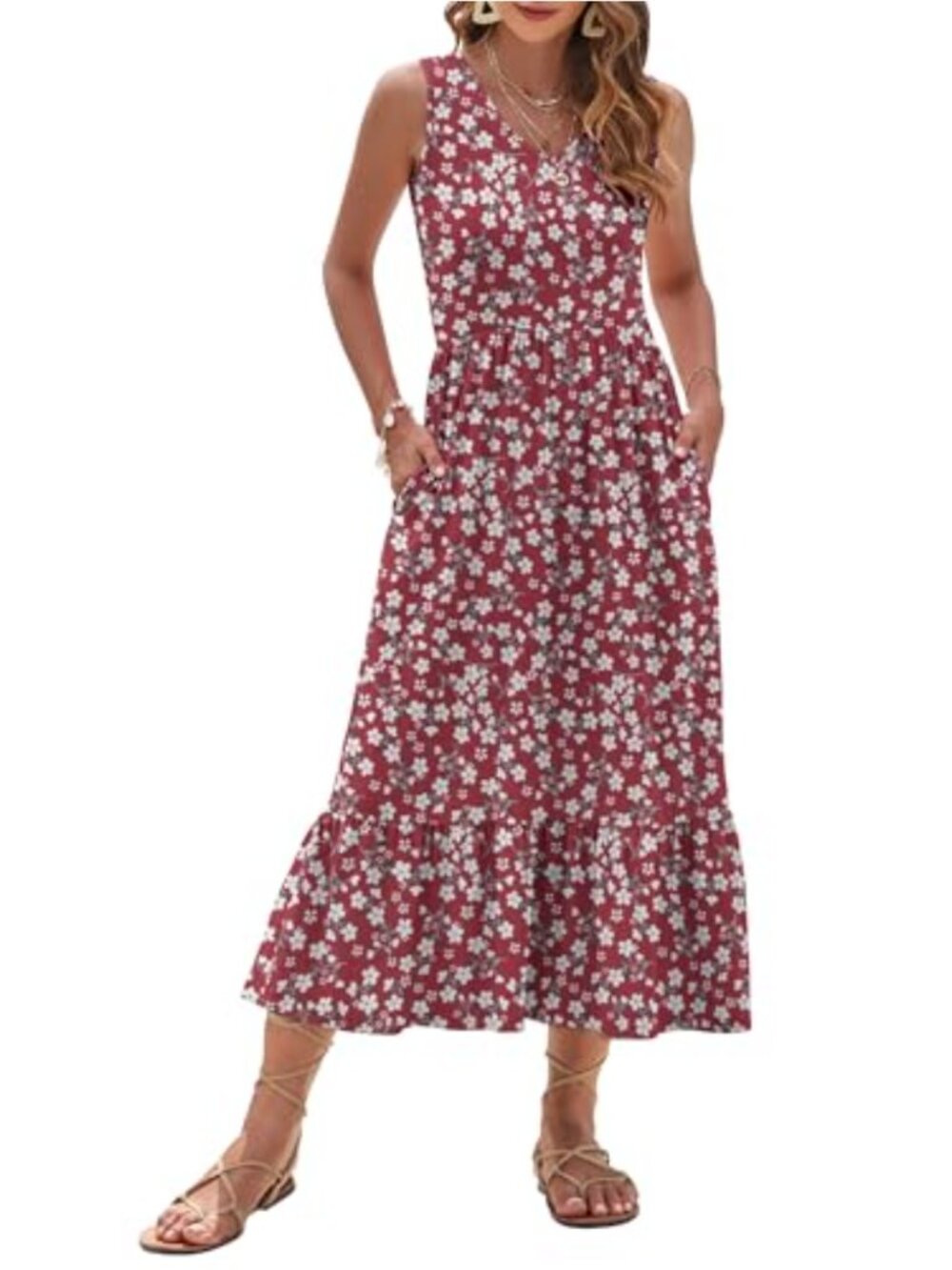 Womens Sleeveless Maxi Sun Dress with Pockets V-Neck Tiered Flowy Summer